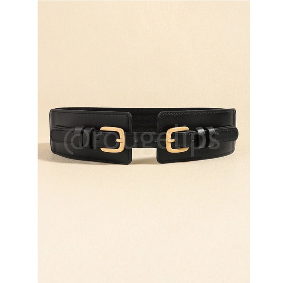 Vegan Faux Leather PU Black Belt Stretchy Back Yellow Gold Tone Buckle - Picture 4 of 9